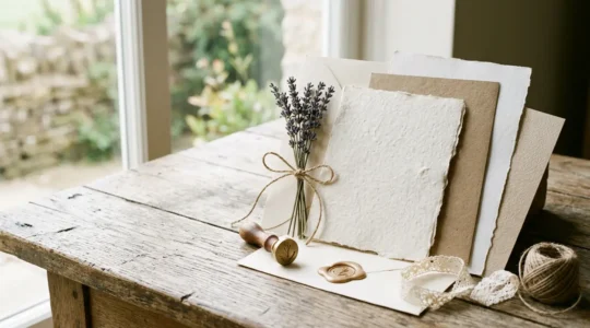 Échantillons de papiers texturés pour invitations de mariage champêtre chic disposés avec élégance