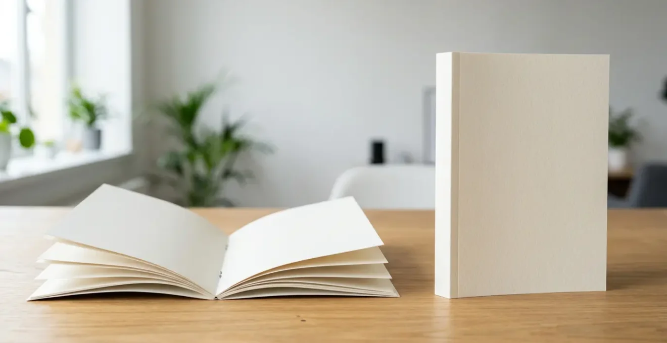 Comparaison visuelle entre un livret agrafé ouvert à plat sur un bureau et un dos carré collé tenu en main