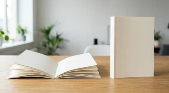 Comparaison visuelle entre un livret agrafé ouvert à plat sur un bureau et un dos carré collé tenu en main