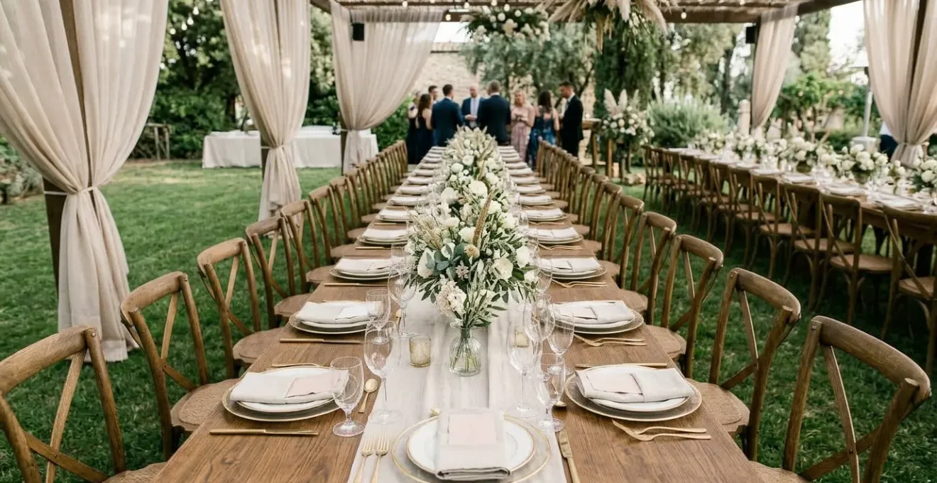 Table de mariage élégante avec marque-places harmonieusement intégrés à la décoration florale