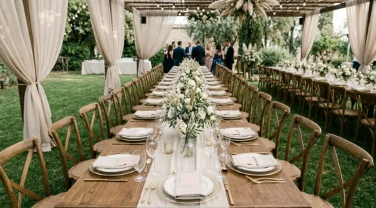 Table de mariage élégante avec marque-places harmonieusement intégrés à la décoration florale