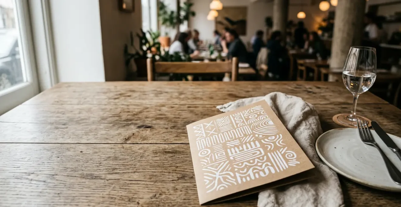 Menu de restaurant ouvert sur une table en bois avec impression en encre blanche sur papier kraft, éclairage naturel chaleureux