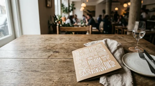 Menu de restaurant ouvert sur une table en bois avec impression en encre blanche sur papier kraft, éclairage naturel chaleureux