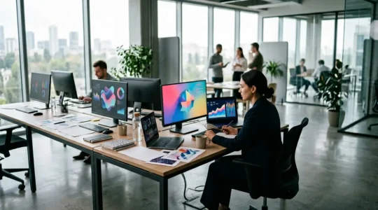 Bureau moderne avec analyse de données clients et graphiques de performance marketing sur écrans multiples