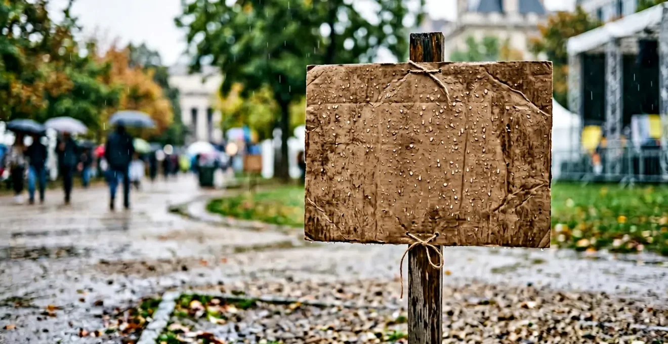 Panneau biodégradable exposé aux intempéries avec traces d'humidité sur surface carton