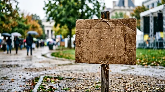 Panneau biodégradable exposé aux intempéries avec traces d'humidité sur surface carton