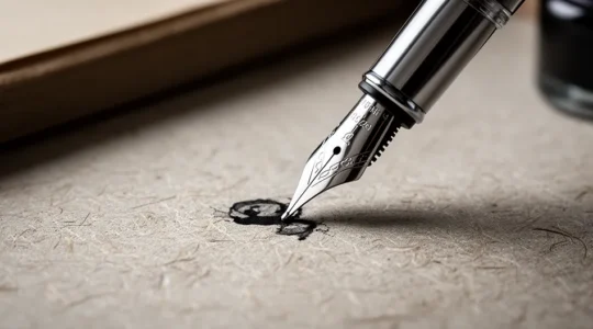 Gros plan sur une feuille de papier recyclé texturée avec une plume de stylo écrivant, montrant la texture naturelle du papier