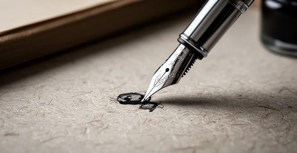 Gros plan sur une feuille de papier recyclé texturée avec une plume de stylo écrivant, montrant la texture naturelle du papier