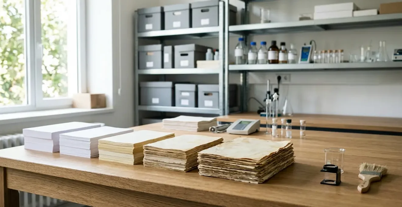 Vue en laboratoire de papiers testés pour leur durabilité avec différents niveaux d'acidité