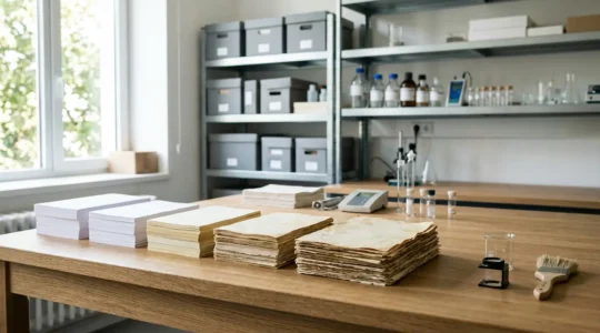 Vue en laboratoire de papiers testés pour leur durabilité avec différents niveaux d'acidité