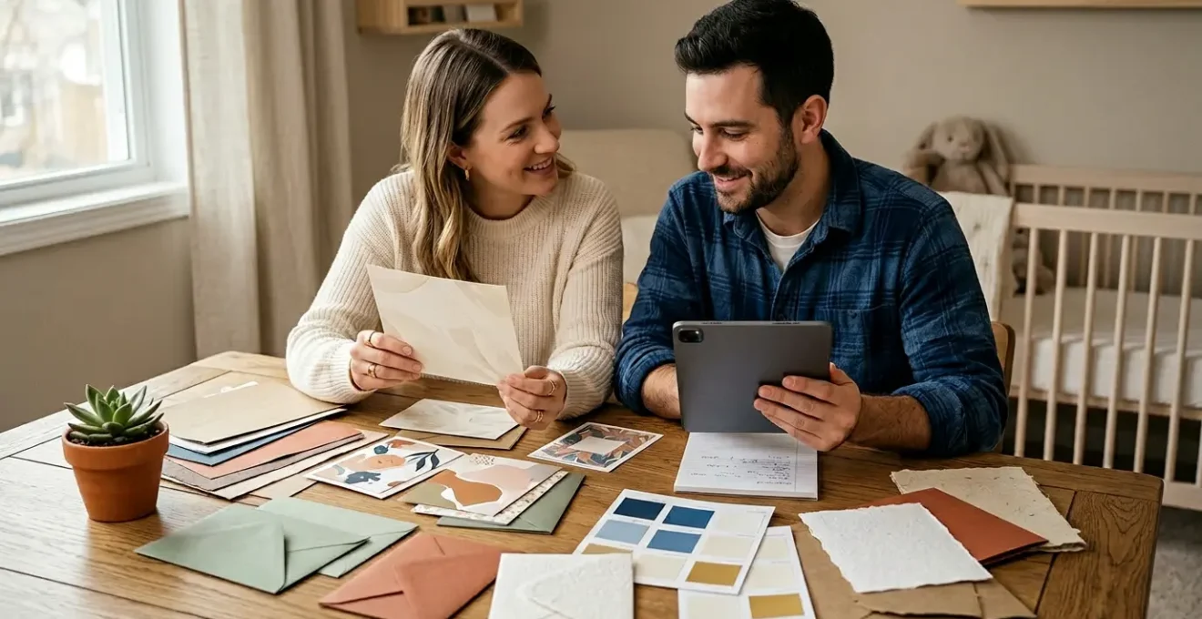 Couple de jeunes parents comparant des échantillons de faire-part papier avec une tablette numérique montrant un design en ligne