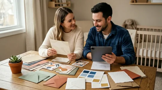 Couple de jeunes parents comparant des échantillons de faire-part papier avec une tablette numérique montrant un design en ligne