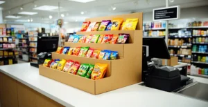 Présentoir de comptoir en carton avec produits colorés disposés stratégiquement près d'une caisse moderne