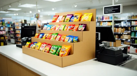 Présentoir de comptoir en carton avec produits colorés disposés stratégiquement près d'une caisse moderne