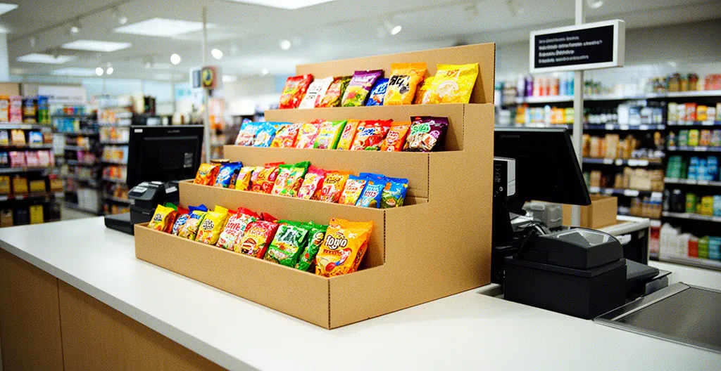 Présentoir de comptoir en carton avec produits colorés disposés stratégiquement près d'une caisse moderne