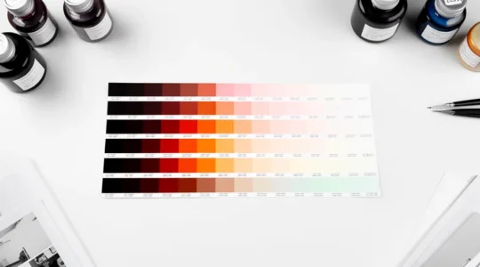 Vue aérienne d'une table de travail créatif avec échantillons de couleurs désaturées et outils de mesure densitométrique