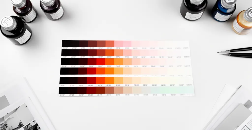 Vue aérienne d'une table de travail créatif avec échantillons de couleurs désaturées et outils de mesure densitométrique