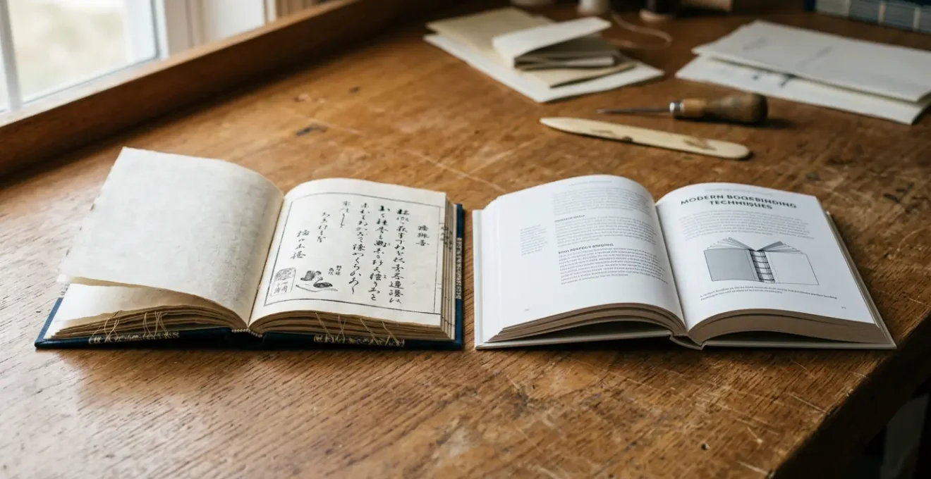 Comparaison visuelle entre une reliure japonaise et un dos carré collé montrant leur résistance respective