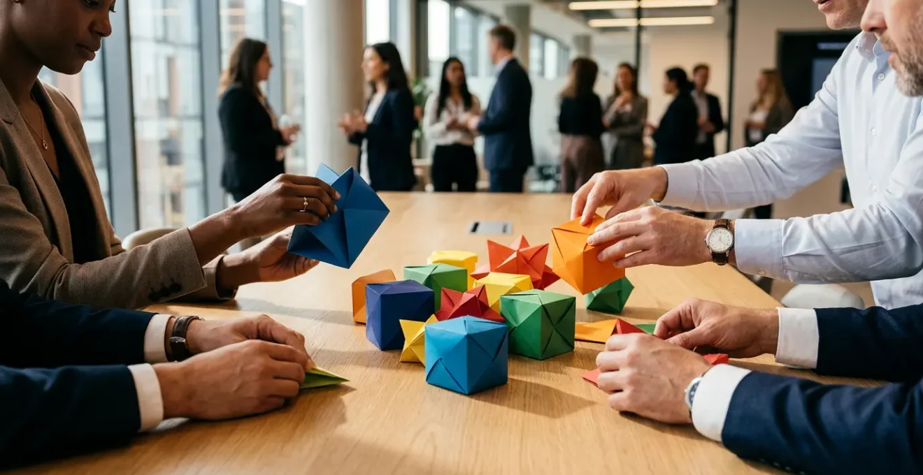 Mains créant ensemble des formes géométriques colorées en papier lors d'un événement de networking professionnel