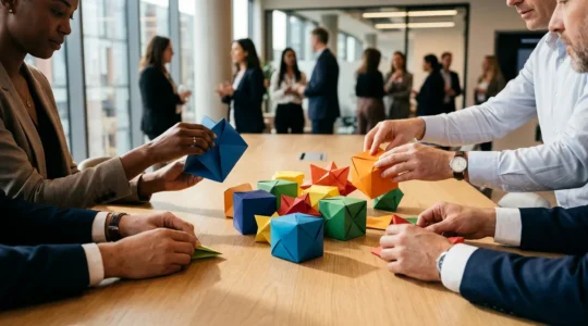 Mains créant ensemble des formes géométriques colorées en papier lors d'un événement de networking professionnel