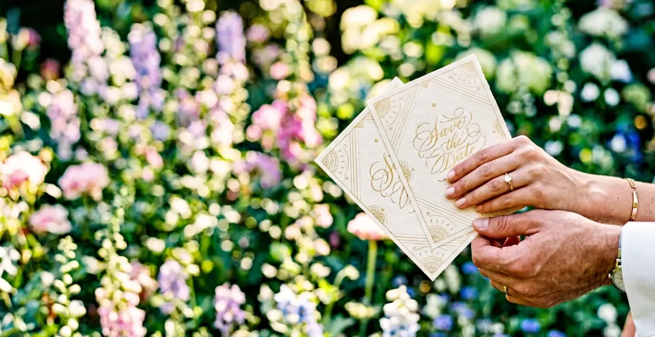 Couple élégant tenant des cartons save the date pour un mariage d'été dans un jardin fleuri