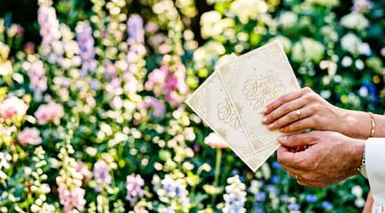 Couple élégant tenant des cartons save the date pour un mariage d'été dans un jardin fleuri