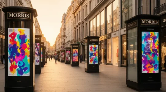 Vue en perspective d'une rue animée avec des affiches de spectacle colorées sur des colonnes Morris et des vitrines, montrant l'effervescence de la communication culturelle locale