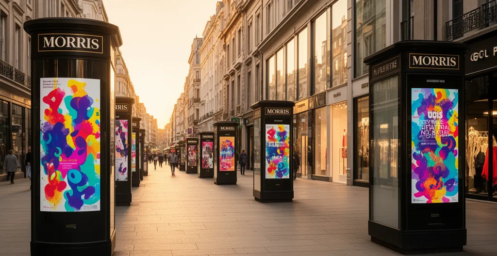 Vue en perspective d'une rue animée avec des affiches de spectacle colorées sur des colonnes Morris et des vitrines, montrant l'effervescence de la communication culturelle locale