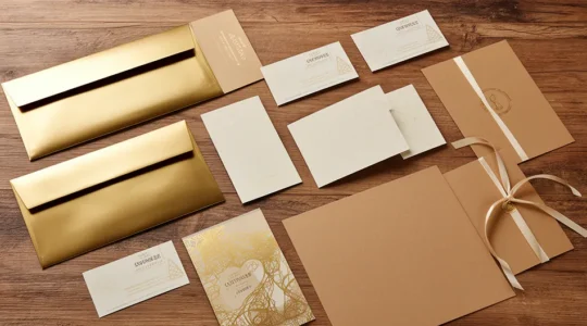 Table en bois avec supports imprimés dorés et festifs, cartes à paillettes et enveloppes kraft, éclairage doré naturel