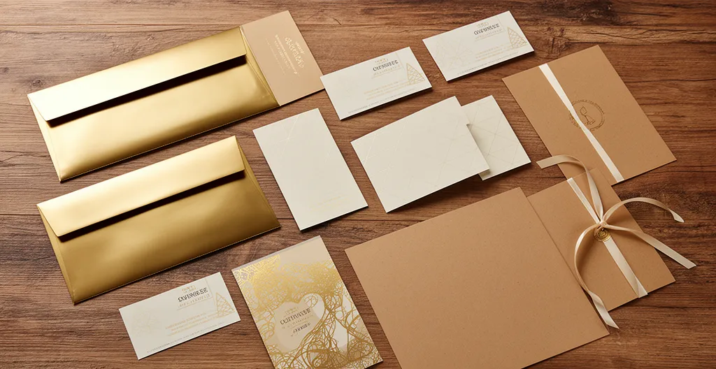 Table en bois avec supports imprimés dorés et festifs, cartes à paillettes et enveloppes kraft, éclairage doré naturel