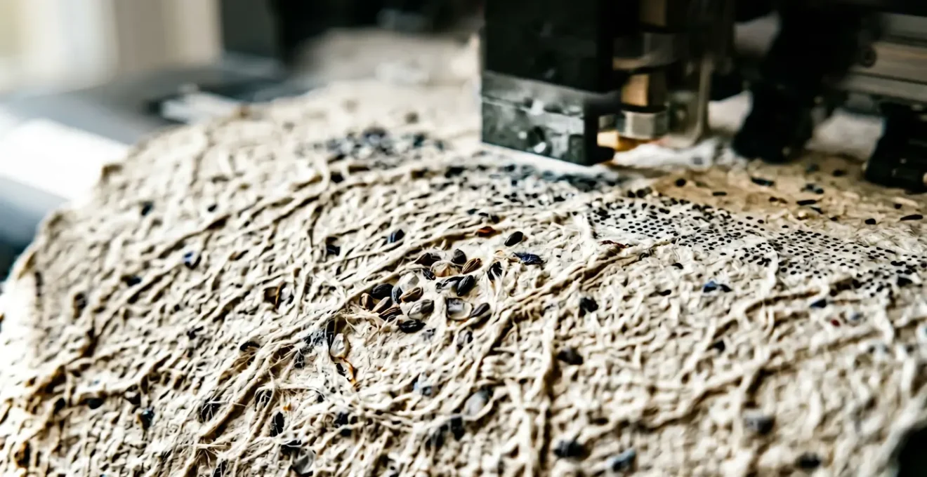 Carte ensemencée avec graines visibles sur papier texturé illuminé par lumière naturelle, montrant le processus d'impression numérique délicat