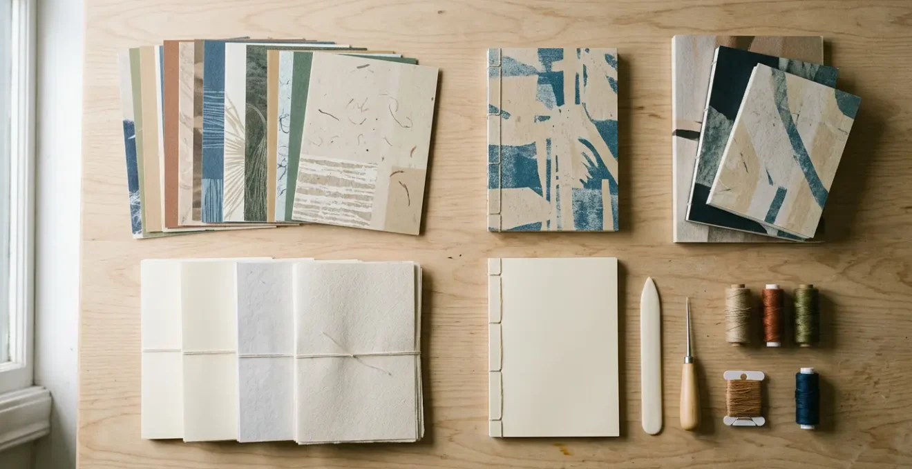 Vue aérienne d'un atelier de création de carnets artisanaux avec des matériaux d'impression recyclés et des outils de reliure