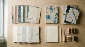Vue aérienne d'un atelier de création de carnets artisanaux avec des matériaux d'impression recyclés et des outils de reliure