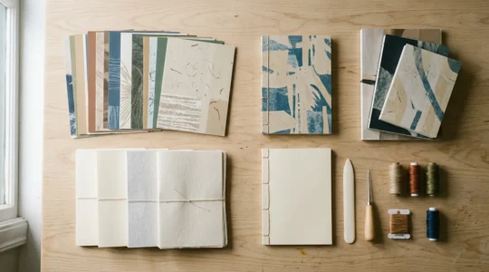 Vue aérienne d'un atelier de création de carnets artisanaux avec des matériaux d'impression recyclés et des outils de reliure