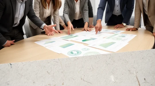 Réunion professionnelle autour d'une table de conférence avec documents RSE et certifications durables