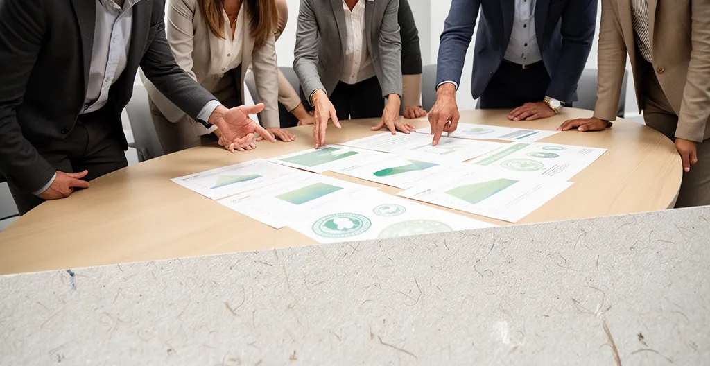 Réunion professionnelle autour d'une table de conférence avec documents RSE et certifications durables