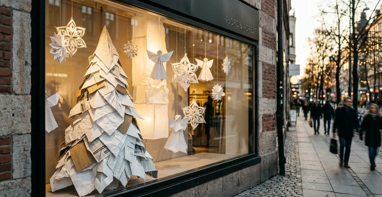 Vitrine de Noël créative avec sculptures monumentales en papier recyclé blanc