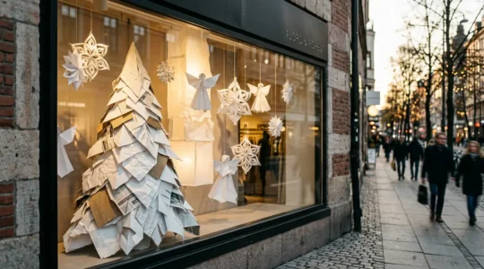 Vitrine de Noël créative avec sculptures monumentales en papier recyclé blanc