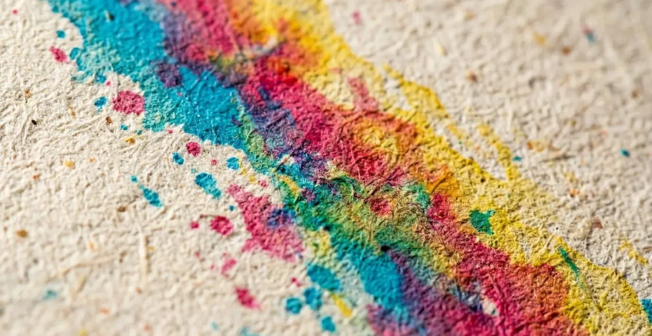 Vue macro d'une impression couleur sur papier recyclé montrant la texture et les nuances