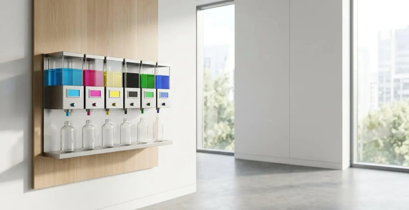 Espace dédié aux recharges de stylos dans un bureau moderne et minimaliste