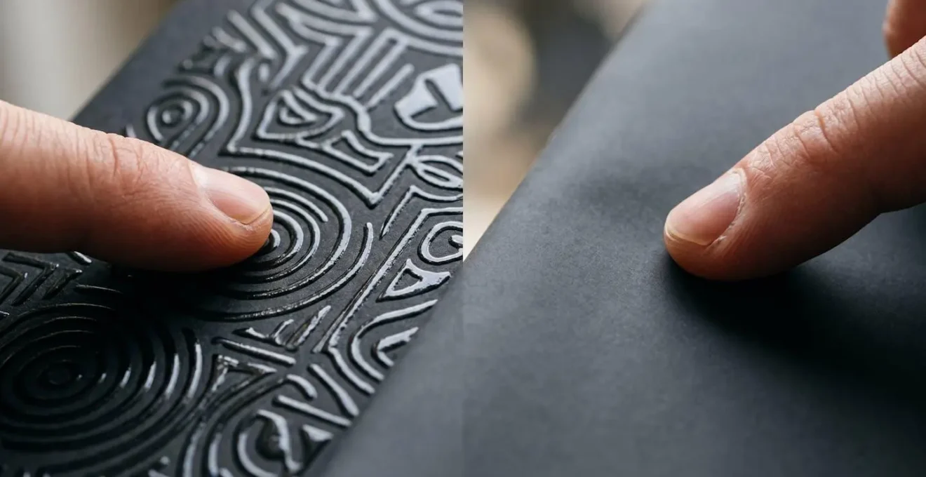 Comparaison visuelle entre finition vernis sélectif brillant et pelliculage soft touch mat sur brochures haut de gamme
