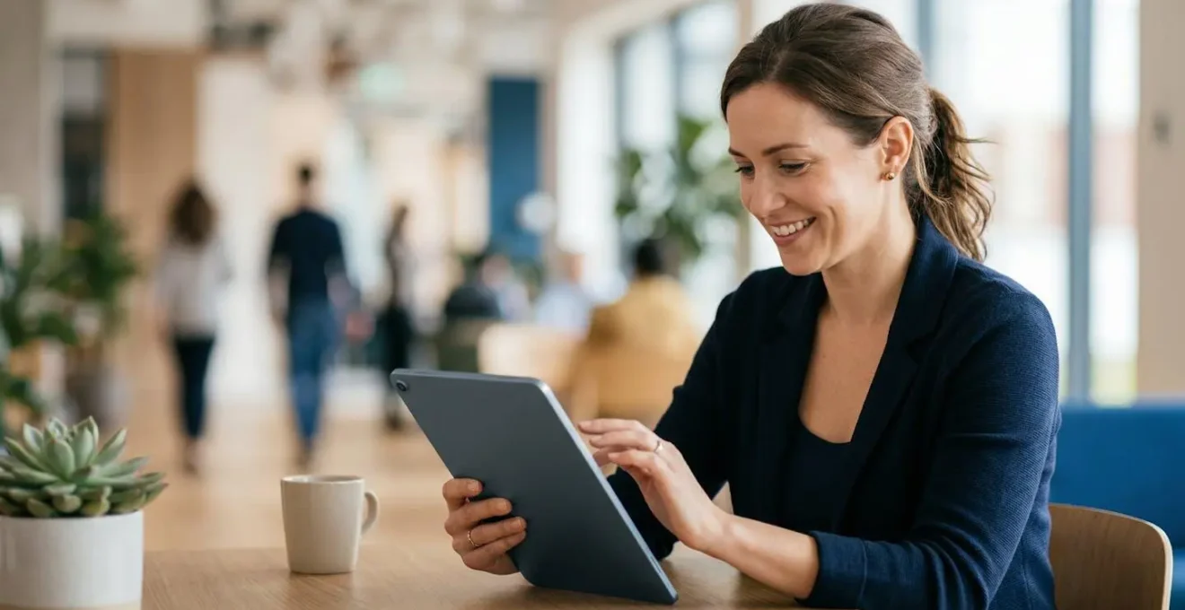 Bureau moderne avec tablette et environnement numérique sans papier visible