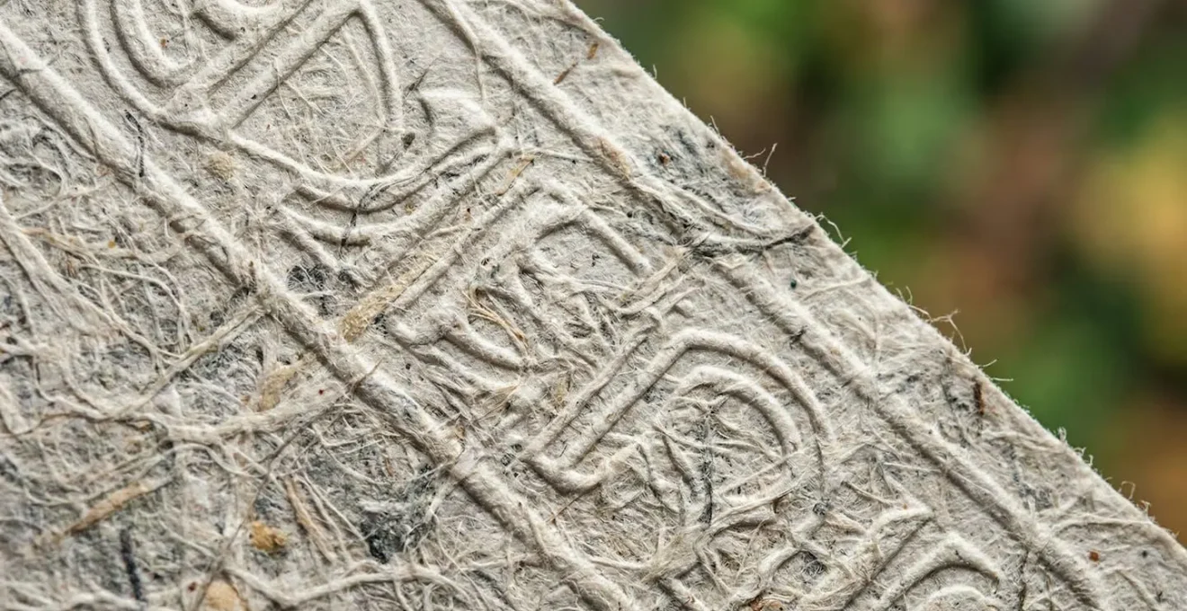 Détail macro d'un certificat de gestion forestière avec texture du papier recyclé
