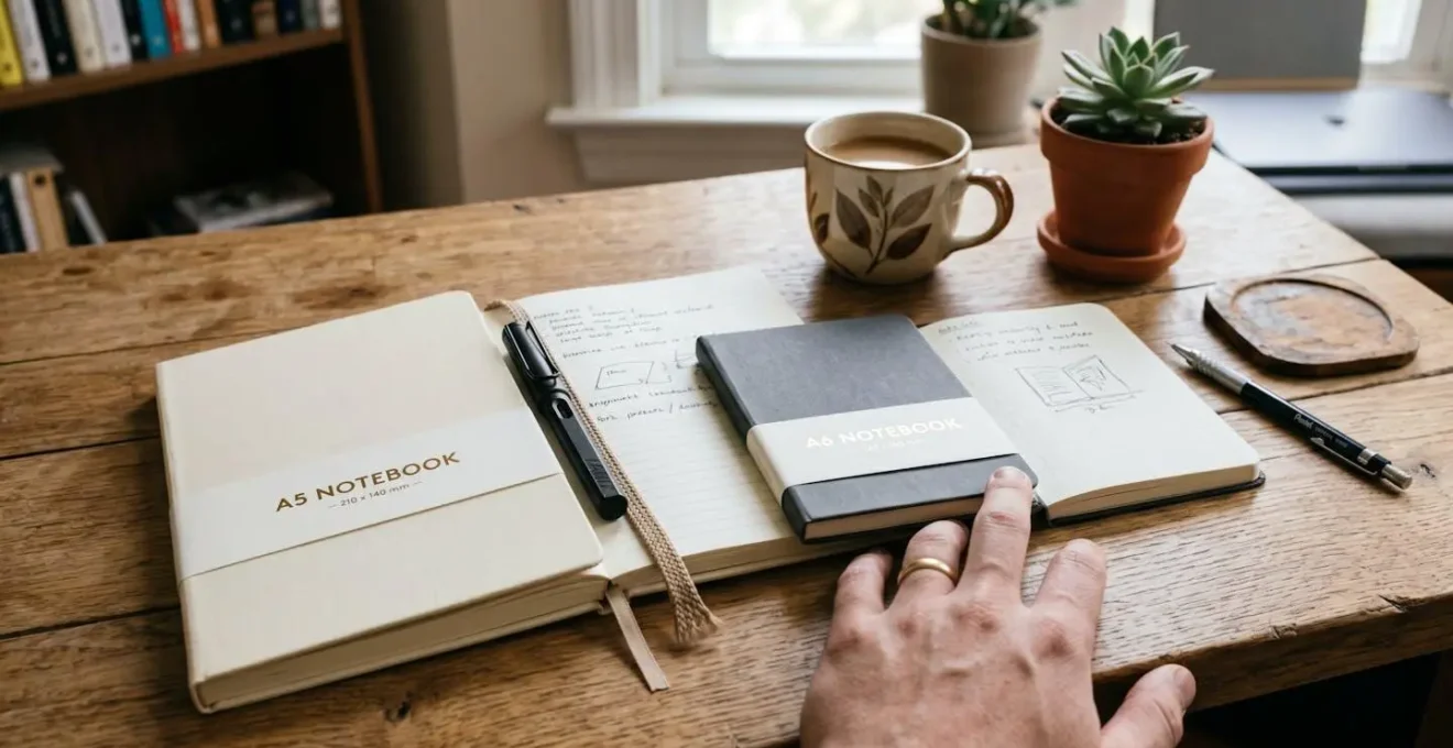 Comparaison visuelle entre carnet A5 et A6 sur bureau avec main pour l'échelle
