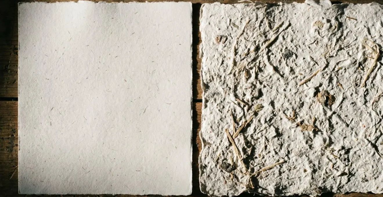 Comparaison côte à côte de deux surfaces de papier recyclé, l'une lisse et l'autre texturée, sous lumière rasante