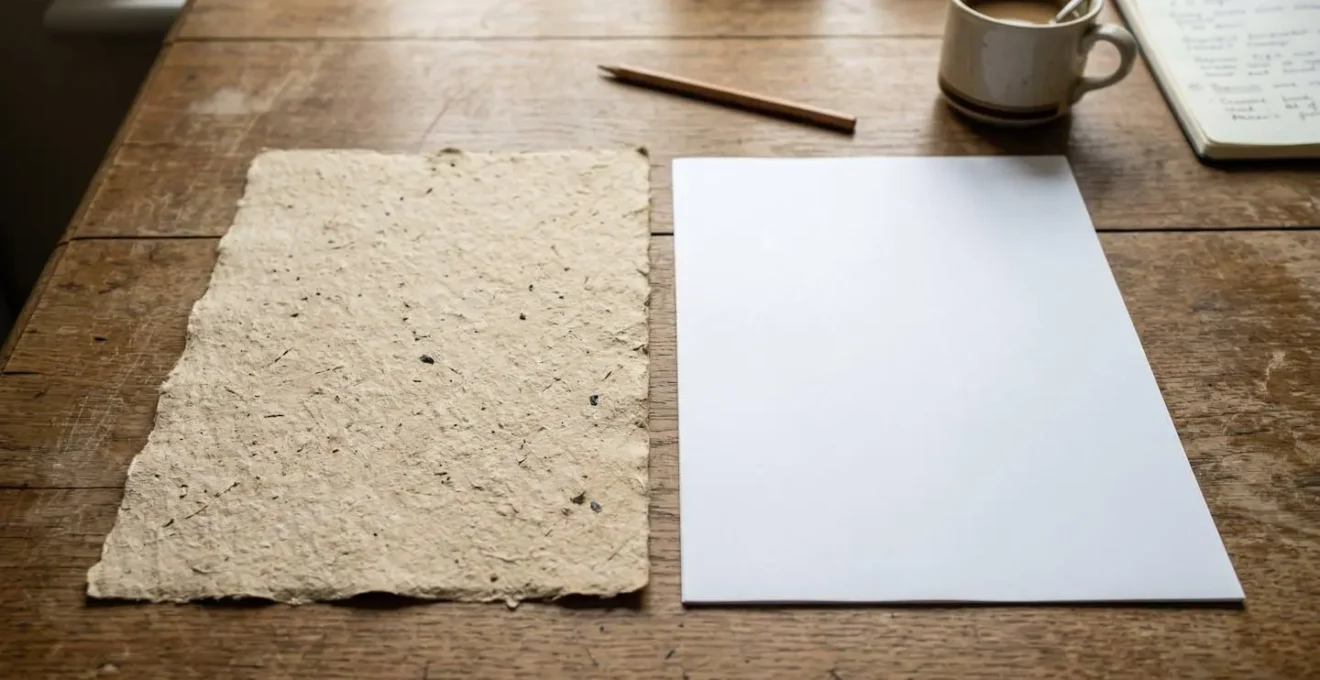 Comparaison visuelle entre la texture d'un papier recyclé et celle d'un papier blanc sur un bureau