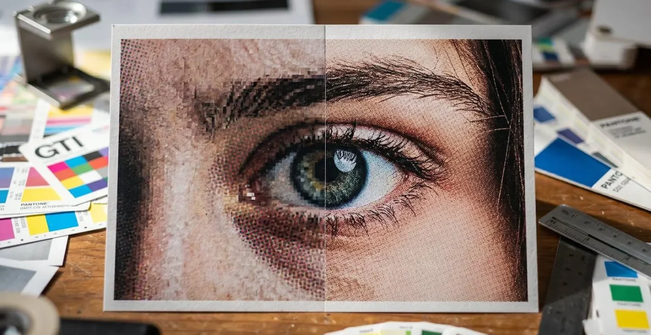Vue macro comparative montrant la pixellisation d'une image 72dpi versus la netteté d'une image 300dpi sur papier