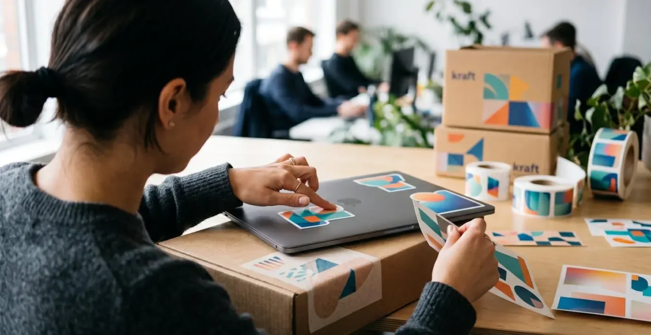 Mise en situation de stickers vinyle et papier sur différents supports professionnels