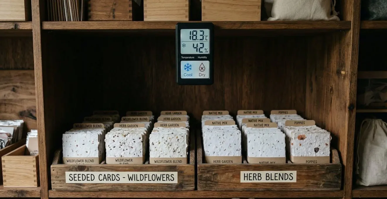 Cartes ensemencées rangées dans un espace de stockage frais et sec avec indicateurs de température et humidité