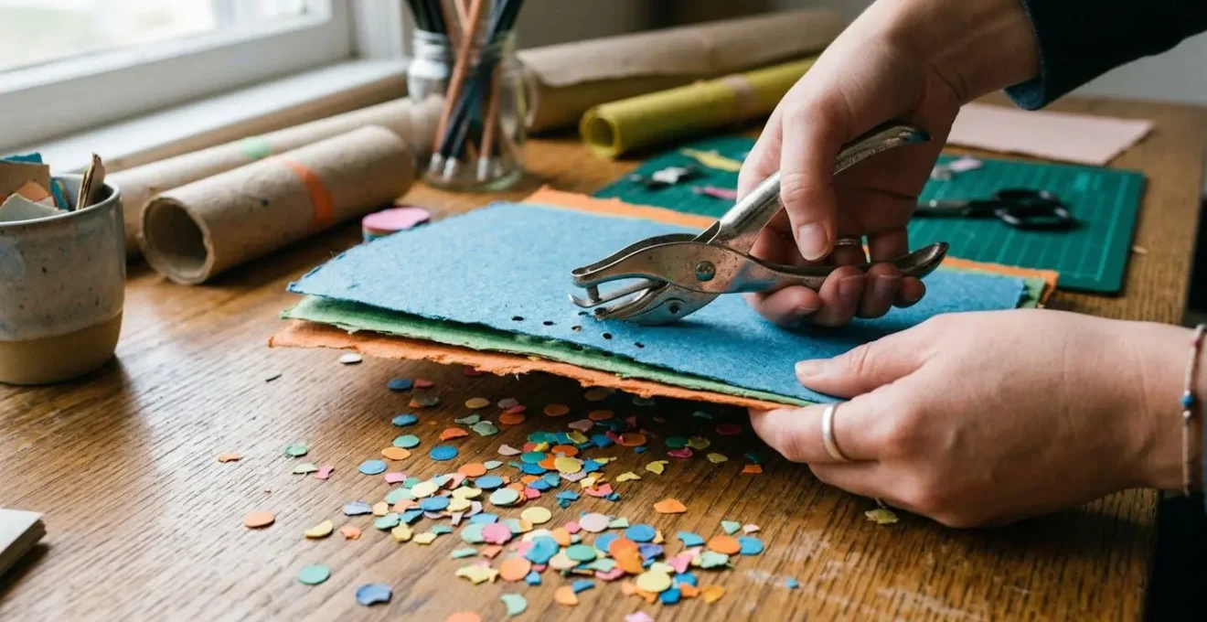 Mains utilisant une perforatrice sur du papier coloré recyclé avec des confettis éparpillés